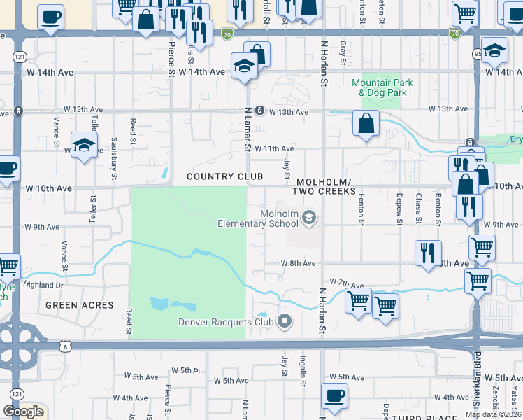 map of restaurants, bars, coffee shops, grocery stores, and more near 930 Kendall Street in Lakewood