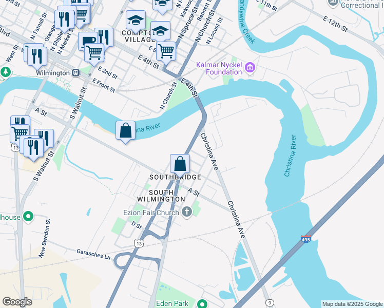 map of restaurants, bars, coffee shops, grocery stores, and more near 1202 Peach Street in Wilmington