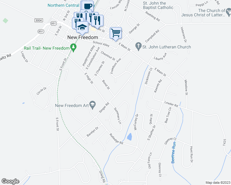 map of restaurants, bars, coffee shops, grocery stores, and more near 159 Bond Street in New Freedom