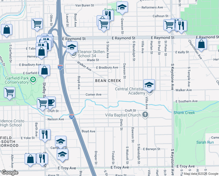 map of restaurants, bars, coffee shops, grocery stores, and more near 2509 South State Avenue in Indianapolis