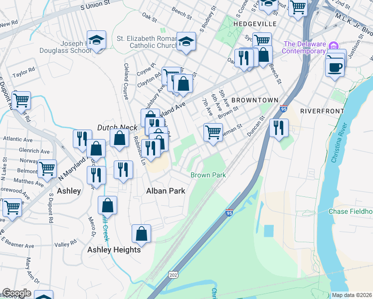 map of restaurants, bars, coffee shops, grocery stores, and more near 1625 Coleman Street in Wilmington