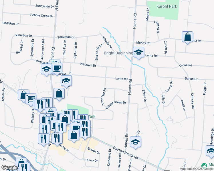 map of restaurants, bars, coffee shops, grocery stores, and more near 1474 Town Hall Road in Dayton