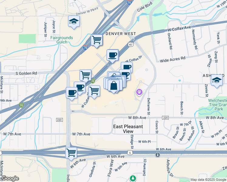 map of restaurants, bars, coffee shops, grocery stores, and more near 14520 West Colfax Avenue in Lakewood