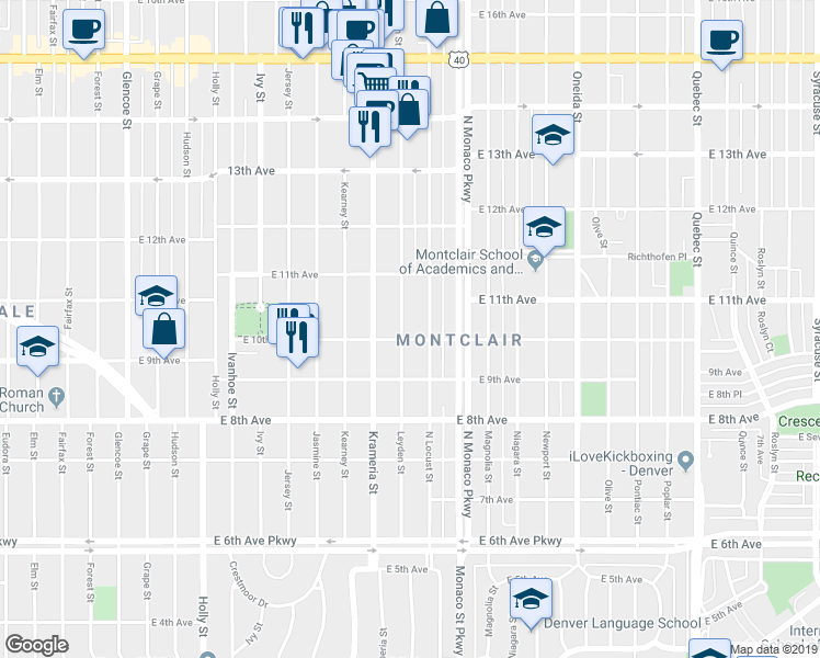 map of restaurants, bars, coffee shops, grocery stores, and more near 1011 North Locust Street in Denver