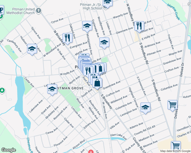 map of restaurants, bars, coffee shops, grocery stores, and more near 30 Pitman Avenue in Pitman