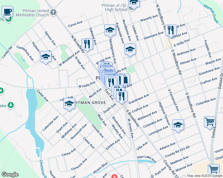 map of restaurants, bars, coffee shops, grocery stores, and more near 50 South Broadway in Pitman