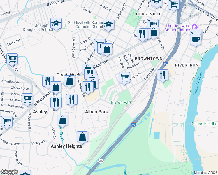 map of restaurants, bars, coffee shops, grocery stores, and more near 1625 Coleman Street in Wilmington
