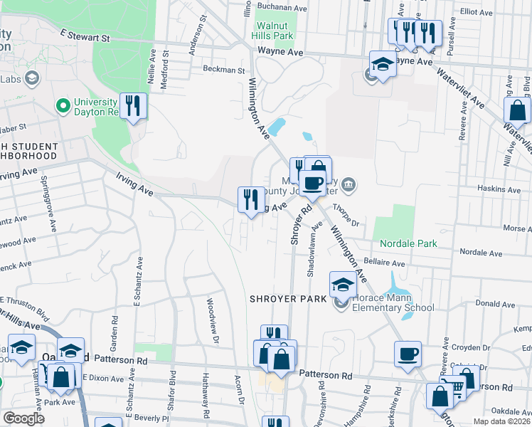 map of restaurants, bars, coffee shops, grocery stores, and more near 1126 Irving Avenue in Dayton