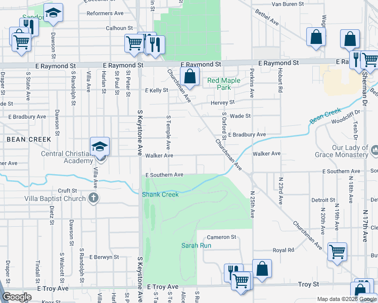 map of restaurants, bars, coffee shops, grocery stores, and more near 2754 Walker Avenue in Indianapolis