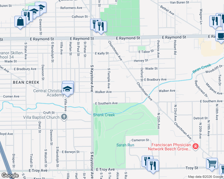 map of restaurants, bars, coffee shops, grocery stores, and more near 2612 Walker Avenue in Indianapolis
