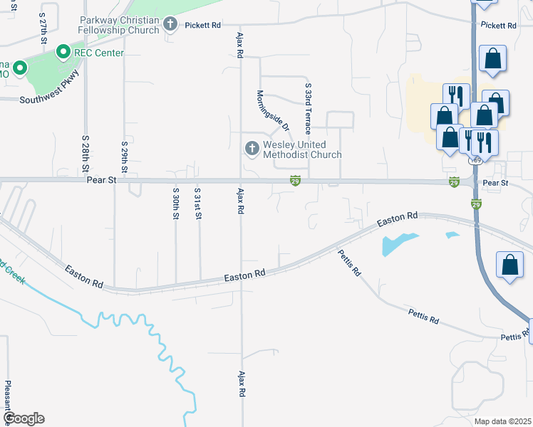 map of restaurants, bars, coffee shops, grocery stores, and more near 3240 Pear Street in Saint Joseph