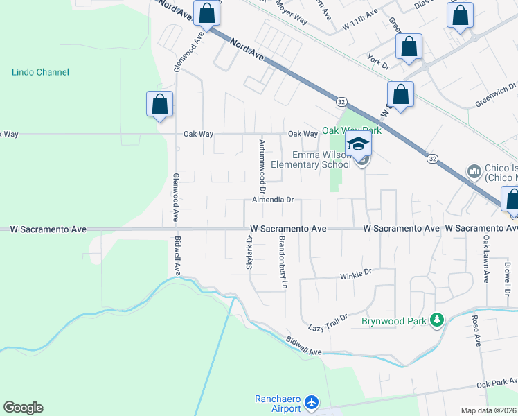 map of restaurants, bars, coffee shops, grocery stores, and more near 1037 Autumnwood Court in Chico