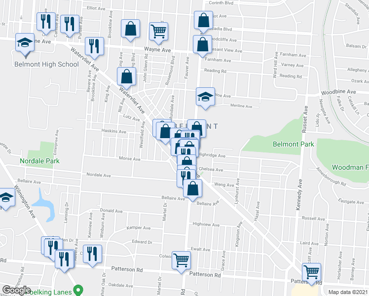 map of restaurants, bars, coffee shops, grocery stores, and more near 648 Watervliet Avenue in Dayton
