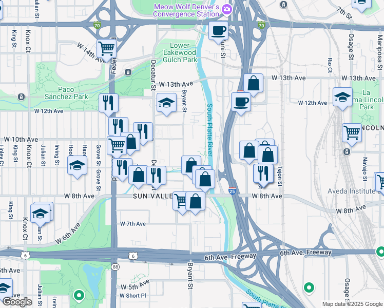map of restaurants, bars, coffee shops, grocery stores, and more near 968 Alcott Way in Denver
