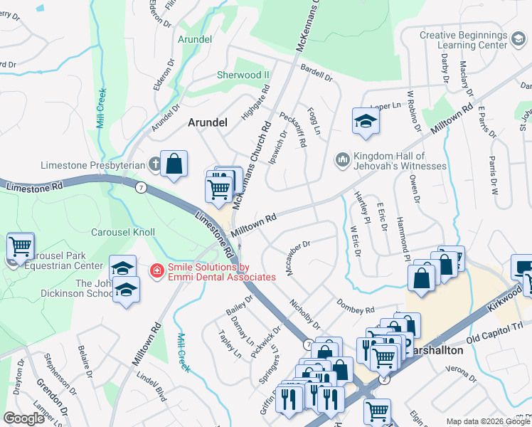 map of restaurants, bars, coffee shops, grocery stores, and more near 1215 Milltown Road in Wilmington
