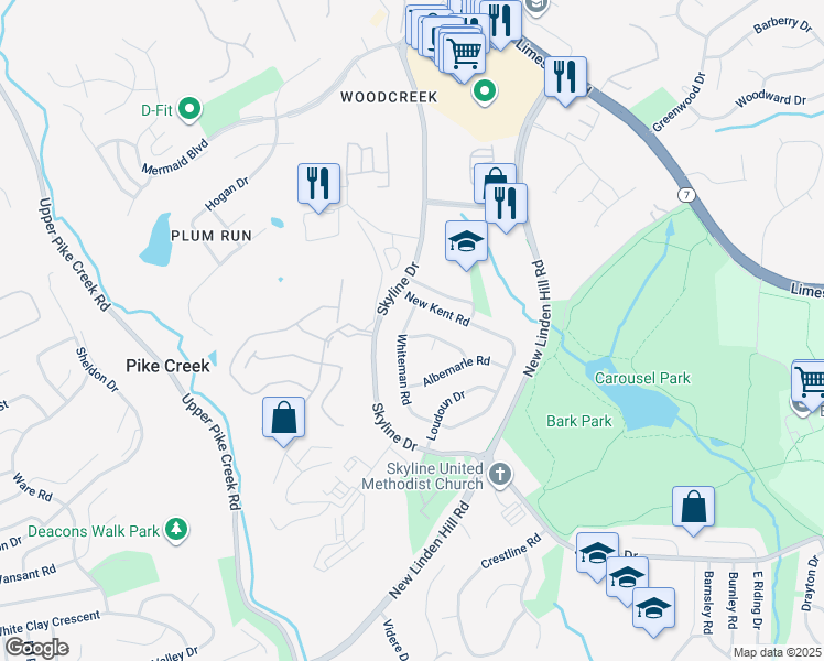 map of restaurants, bars, coffee shops, grocery stores, and more near 3216 Powhatan Drive in Wilmington