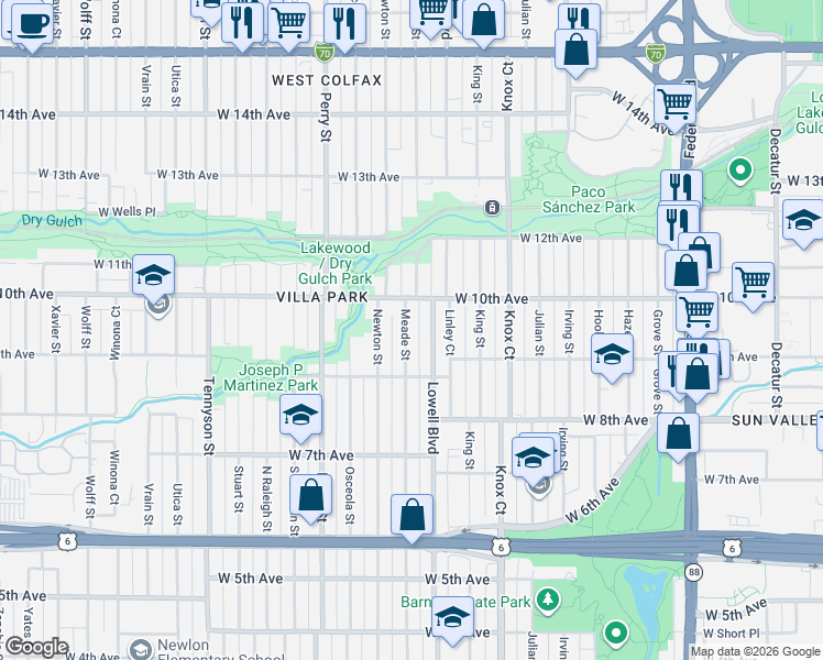 map of restaurants, bars, coffee shops, grocery stores, and more near 936 Meade Street in Denver