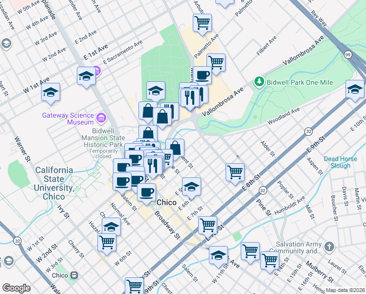 map of restaurants, bars, coffee shops, grocery stores, and more near 480 East 3rd Street in Chico