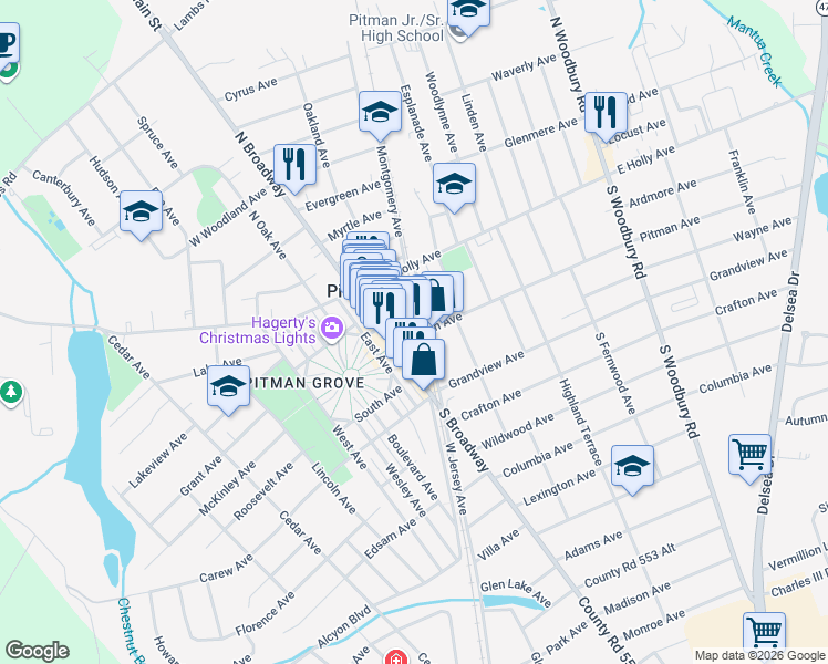 map of restaurants, bars, coffee shops, grocery stores, and more near 30 Pitman Avenue in Pitman