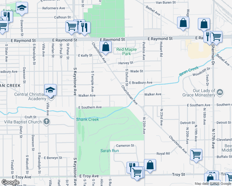 map of restaurants, bars, coffee shops, grocery stores, and more near 2830 Walker Avenue in Indianapolis