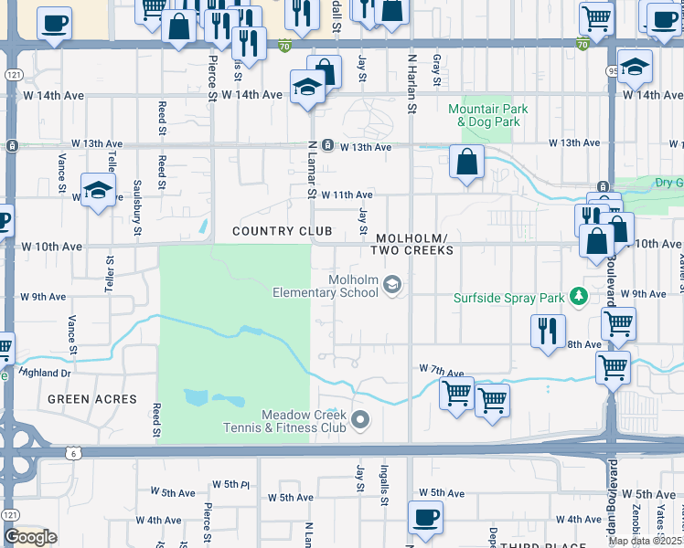 map of restaurants, bars, coffee shops, grocery stores, and more near 930 Kendall Street in Lakewood