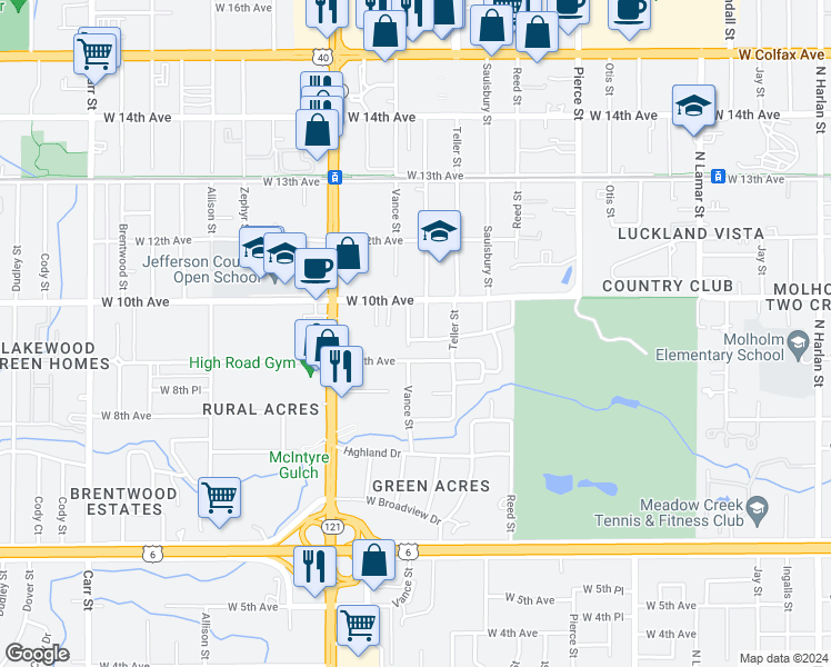 map of restaurants, bars, coffee shops, grocery stores, and more near 7305 West 9th Place in Lakewood