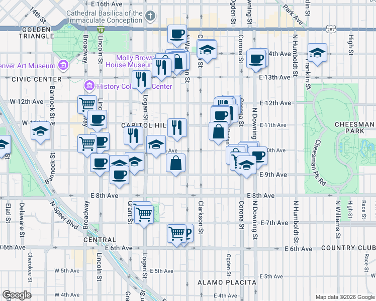 map of restaurants, bars, coffee shops, grocery stores, and more near East 10th Avenue & Washington Street in Denver