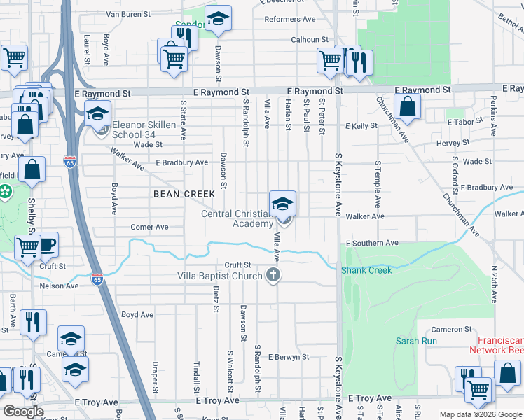 map of restaurants, bars, coffee shops, grocery stores, and more near 2526 Villa Avenue in Indianapolis