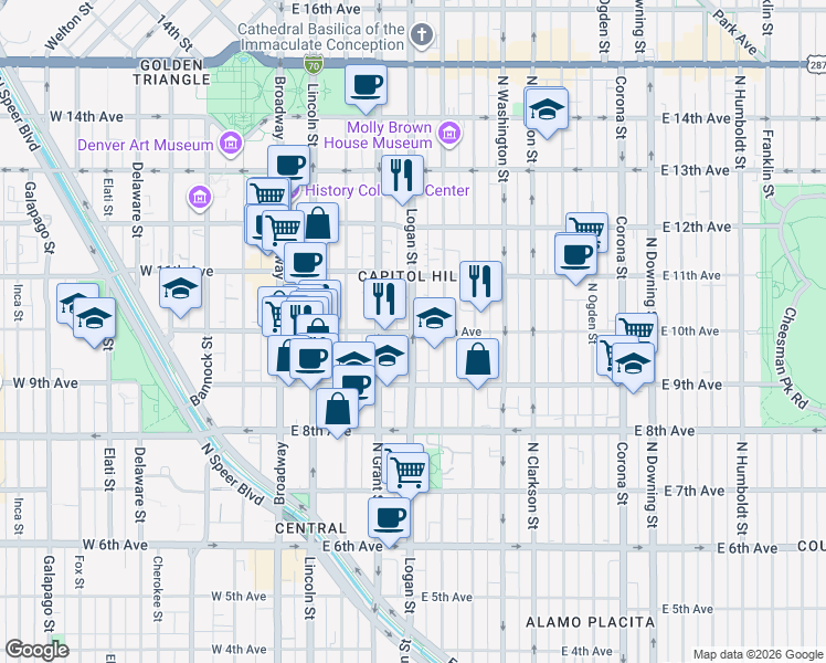 map of restaurants, bars, coffee shops, grocery stores, and more near Logan Street in Denver
