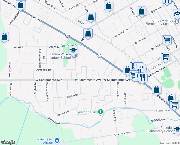 map of restaurants, bars, coffee shops, grocery stores, and more near 1025 Raven Lane in Chico