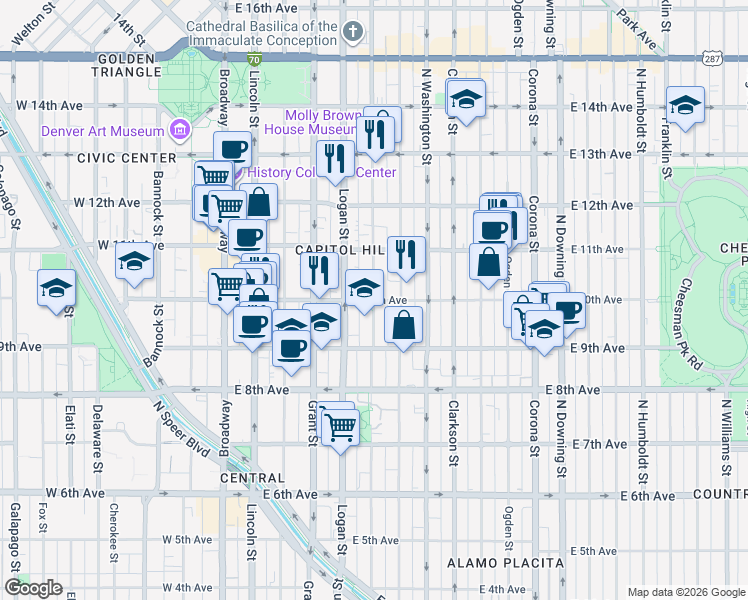map of restaurants, bars, coffee shops, grocery stores, and more near E 10th Ave & Pennsylvania St in Denver