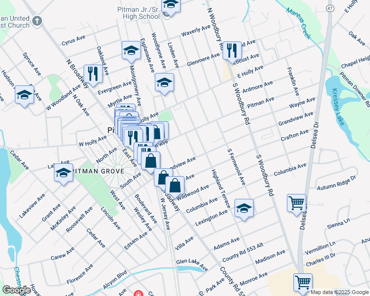 map of restaurants, bars, coffee shops, grocery stores, and more near 124 Morris Avenue in Pitman