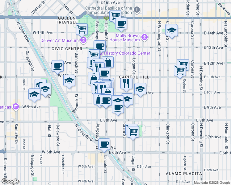 map of restaurants, bars, coffee shops, grocery stores, and more near Sherman Street in Denver