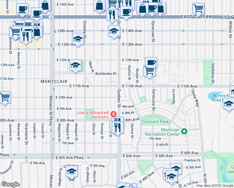 map of restaurants, bars, coffee shops, grocery stores, and more near 1011 Quebec Street in Denver