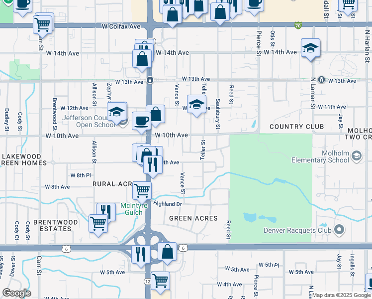 map of restaurants, bars, coffee shops, grocery stores, and more near 7315 West 9th Place in Lakewood