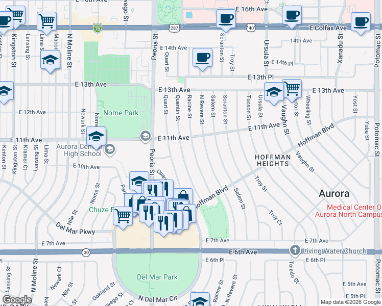 map of restaurants, bars, coffee shops, grocery stores, and more near 1023 Racine Street in Aurora
