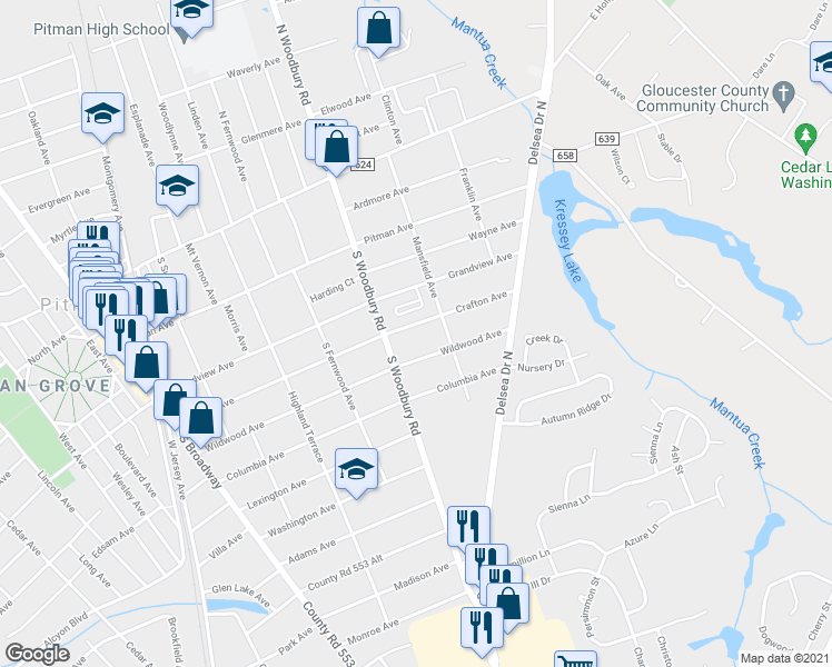 map of restaurants, bars, coffee shops, grocery stores, and more near 417 Crafton Avenue in Pitman