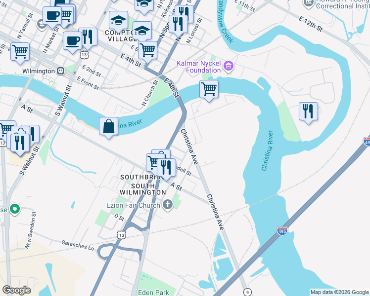 map of restaurants, bars, coffee shops, grocery stores, and more near 1 South Claymont Street in Wilmington