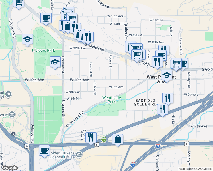 map of restaurants, bars, coffee shops, grocery stores, and more near 16675 West 9th Avenue in Golden