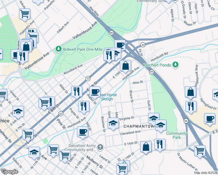 map of restaurants, bars, coffee shops, grocery stores, and more near 1040 Willow Street in Chico