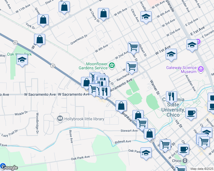 map of restaurants, bars, coffee shops, grocery stores, and more near 1000 Columbus Avenue in Chico