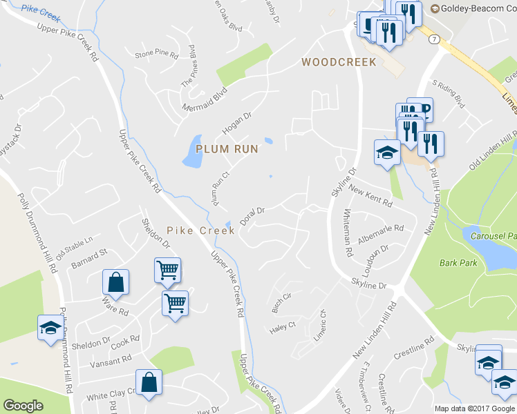 map of restaurants, bars, coffee shops, grocery stores, and more near 5447 Doral Drive in Wilmington