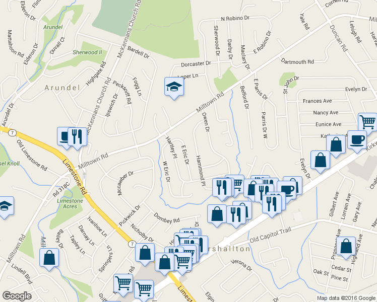 map of restaurants, bars, coffee shops, grocery stores, and more near 2421 East Eric Drive in Wilmington