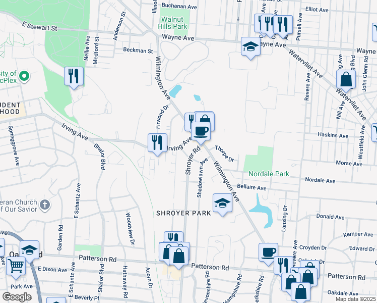 map of restaurants, bars, coffee shops, grocery stores, and more near 233 Shroyer Road in Dayton