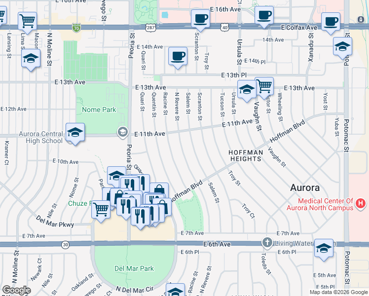 map of restaurants, bars, coffee shops, grocery stores, and more near 1000 North Revere Street in Aurora