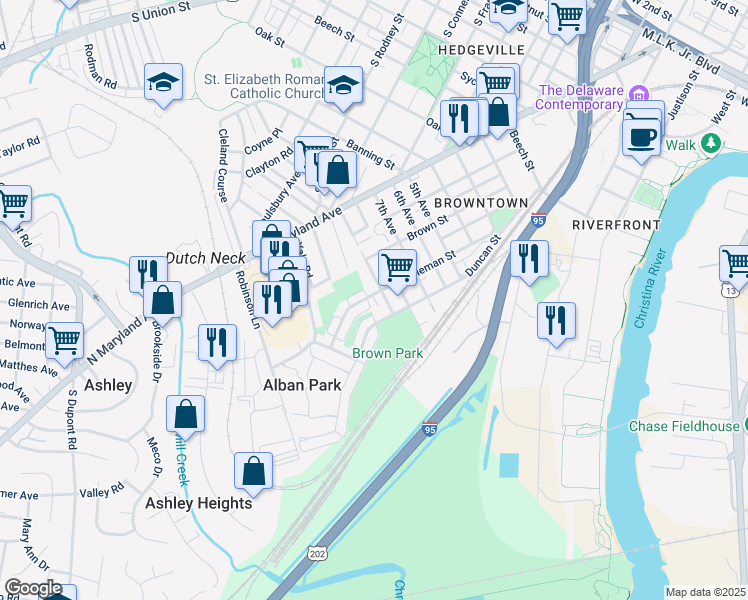 map of restaurants, bars, coffee shops, grocery stores, and more near 1508 Coleman Street in Wilmington