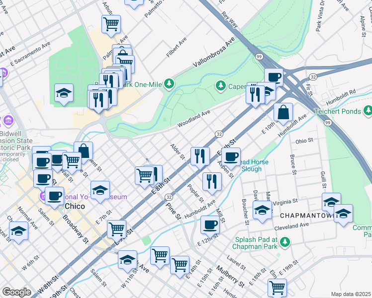 map of restaurants, bars, coffee shops, grocery stores, and more near 971 East 7th Street in Chico