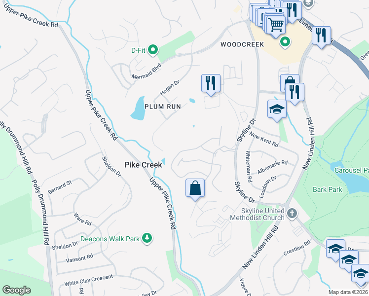 map of restaurants, bars, coffee shops, grocery stores, and more near 5447 Doral Drive in Wilmington