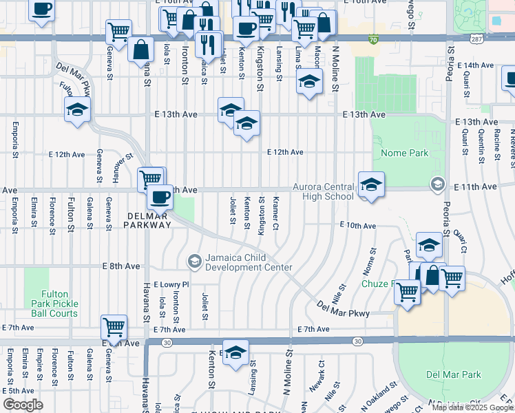 map of restaurants, bars, coffee shops, grocery stores, and more near 1055 Kingston Street in Aurora