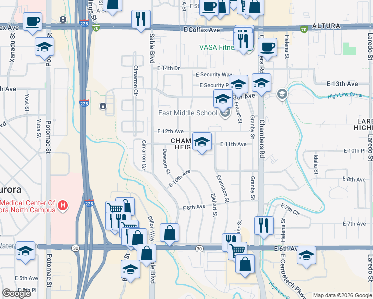 map of restaurants, bars, coffee shops, grocery stores, and more near 1088 Dearborn Street in Aurora